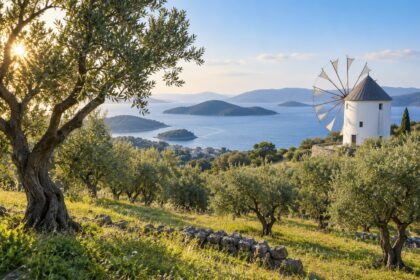 AI-generated illustration of olive trees and a white windmill above a blue island-dotted sea, inspired by Shodoshima in Kagawa.
