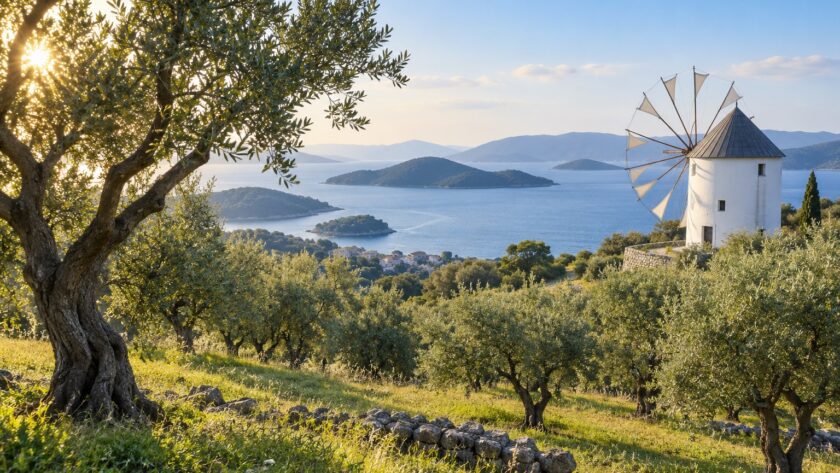 AI-generated illustration of olive trees and a white windmill above a blue island-dotted sea, inspired by Shodoshima in Kagawa.