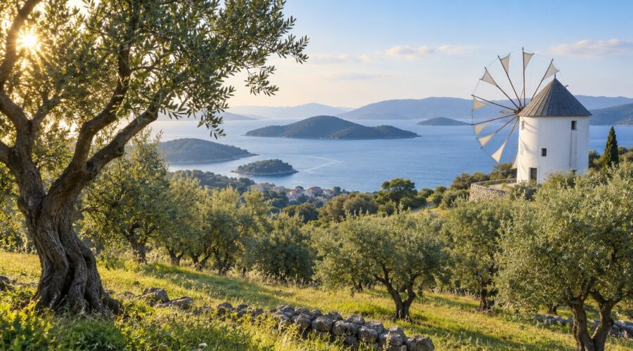 AI-generated illustration of olive trees and a white windmill above a blue island-dotted sea, inspired by Shodoshima in Kagawa.