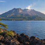 AI-generated illustration of Sakurajima across blue Kinko Bay, with volcanic rocks and a pine in the foreground, inspired by Kagoshima.