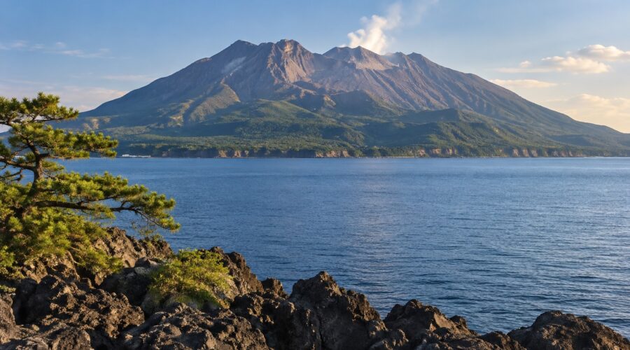 AI-generated illustration of Sakurajima across blue Kinko Bay, with volcanic rocks and a pine in the foreground, inspired by Kagoshima.