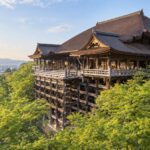 AI-generated photo-style illustration of Kiyomizu-dera’s wooden stage and timber pillars above a green hillside, with Kyoto in the distance.
