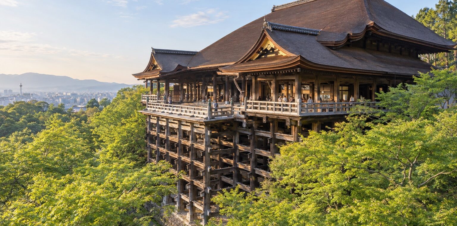AI-generated photo-style illustration of Kiyomizu-dera’s wooden stage and timber pillars above a green hillside, with Kyoto in the distance.