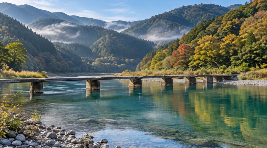 AI-generated illustration of a low concrete bridge crossing a clear blue-green river below forested hills, inspired by the Shimanto River in Kochi.