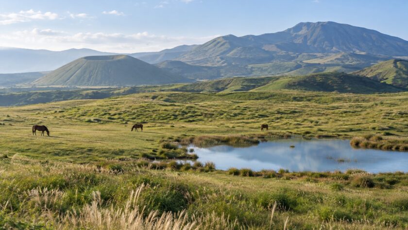 AI-generated illustration of grazing horses, a reflective pond and rolling volcanic grasslands, inspired by Aso in Kumamoto.