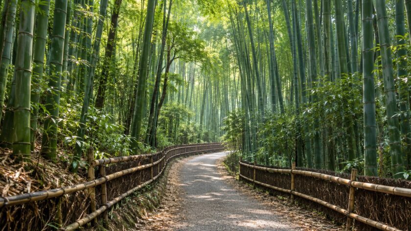AI-generated illustration of a quiet path winding through tall green bamboo, inspired by western Kyoto, Japan.