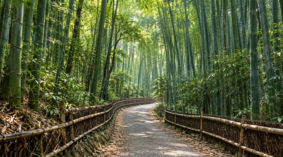 AI-generated illustration of a quiet path winding through tall green bamboo, inspired by western Kyoto, Japan.