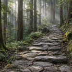 AI-generated illustration of a stone-paved forest path among tall cypress trees, inspired by the Kumano Kodo Iseji in Mie, Japan.