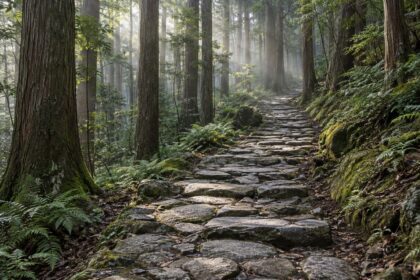 AI-generated illustration of a stone-paved forest path among tall cypress trees, inspired by the Kumano Kodo Iseji in Mie, Japan.