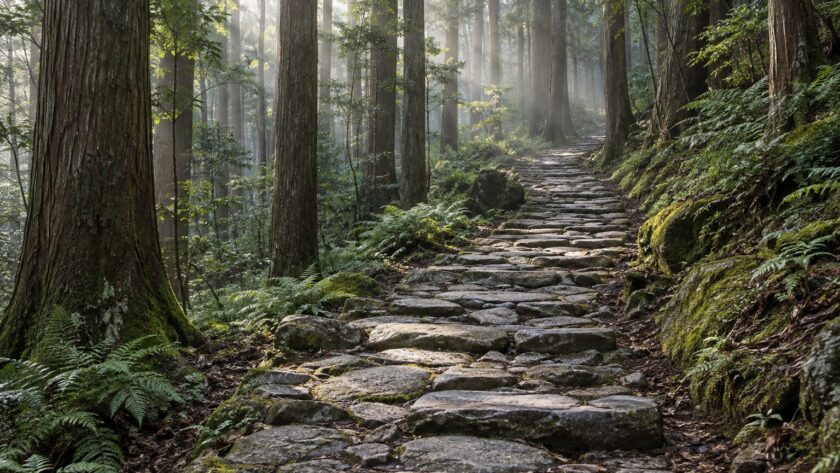AI-generated illustration of a stone-paved forest path among tall cypress trees, inspired by the Kumano Kodo Iseji in Mie, Japan.