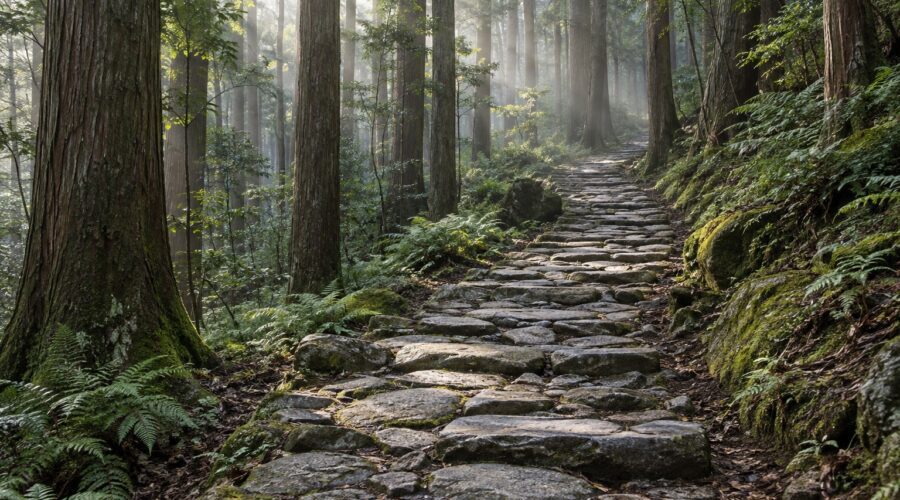 AI-generated illustration of a stone-paved forest path among tall cypress trees, inspired by the Kumano Kodo Iseji in Mie, Japan.