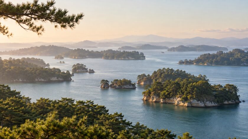 AI-generated illustration of pine-covered islands in calm blue water, inspired by Matsushima Bay, Miyagi.