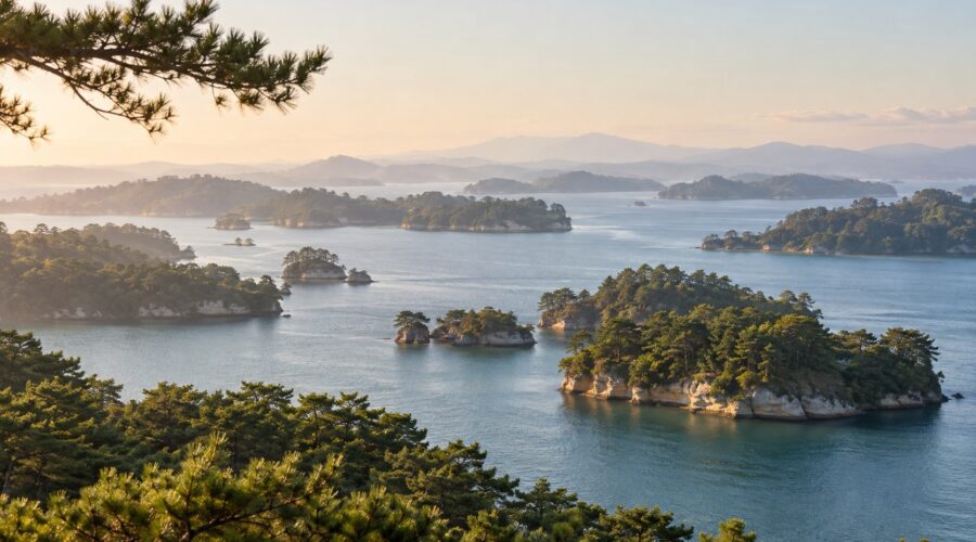 AI-generated illustration of pine-covered islands in calm blue water, inspired by Matsushima Bay, Miyagi.