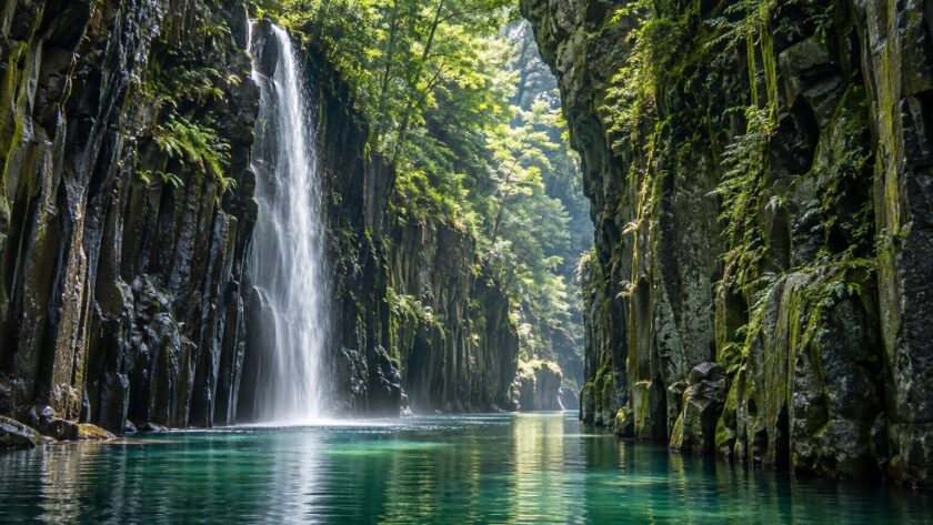 AI-generated illustration of a slender waterfall and emerald river between wooded columnar cliffs, inspired by Takachiho Gorge in Miyazaki.