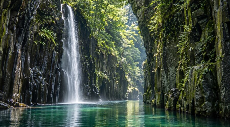 AI-generated illustration of a slender waterfall and emerald river between wooded columnar cliffs, inspired by Takachiho Gorge in Miyazaki.