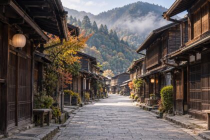 AI-generated illustration of a quiet street lined with wooden merchant houses and distant mountains, inspired by Narai-juku in Nagano, Japan.