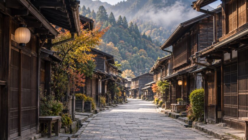 AI-generated illustration of a quiet street lined with wooden merchant houses and distant mountains, inspired by Narai-juku in Nagano, Japan.