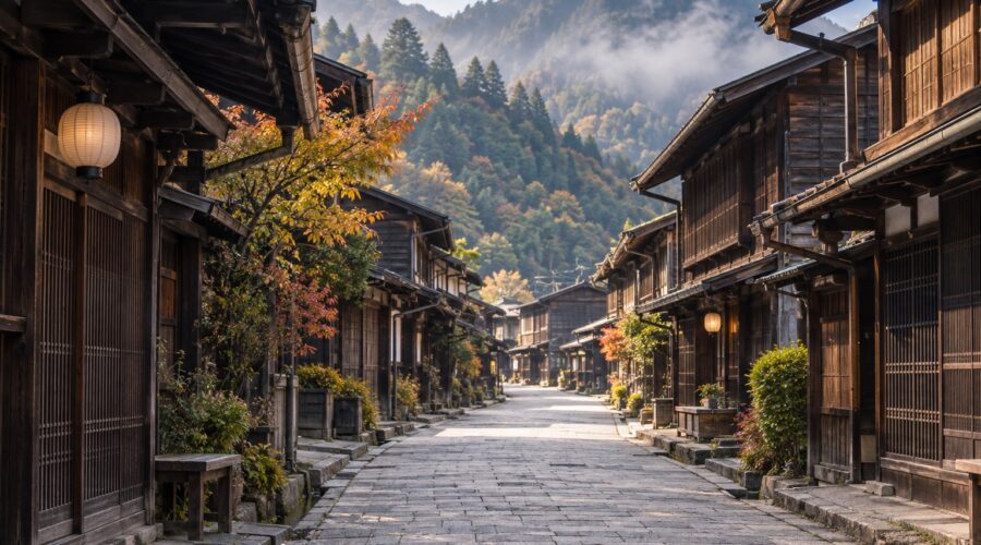 AI-generated illustration of a quiet street lined with wooden merchant houses and distant mountains, inspired by Narai-juku in Nagano, Japan.