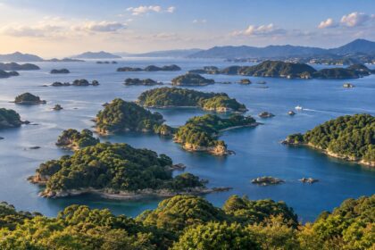 AI-generated illustration of forested islands across a blue inlet in late-afternoon light, inspired by Kujukushima in Nagasaki.