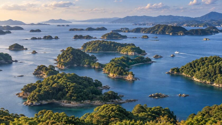 AI-generated illustration of forested islands across a blue inlet in late-afternoon light, inspired by Kujukushima in Nagasaki.