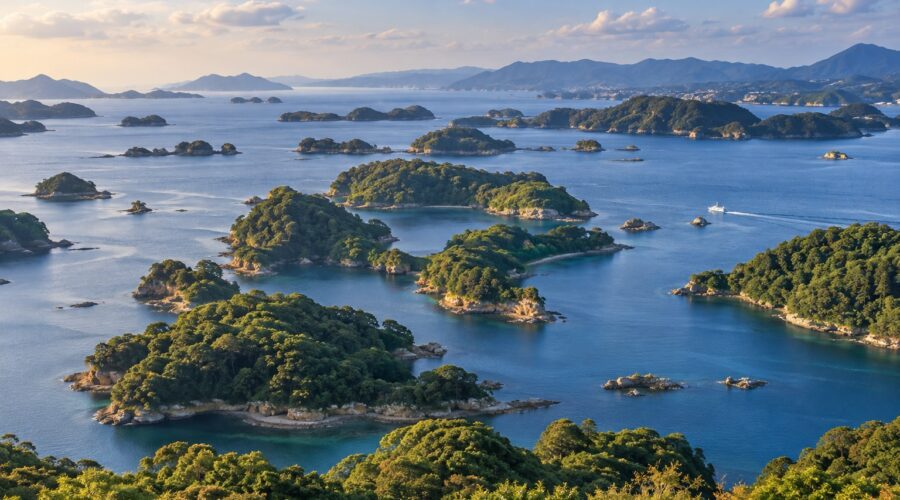 AI-generated illustration of forested islands across a blue inlet in late-afternoon light, inspired by Kujukushima in Nagasaki.