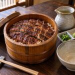 AI-generated illustration of Nagoya-style hitsumabushi with grilled eel over rice, condiments, and a ceramic broth pitcher.