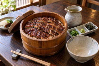 AI-generated illustration of Nagoya-style hitsumabushi with grilled eel over rice, condiments, and a ceramic broth pitcher.