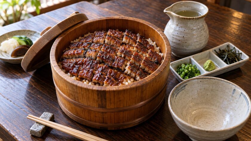 AI-generated illustration of Nagoya-style hitsumabushi with grilled eel over rice, condiments, and a ceramic broth pitcher.