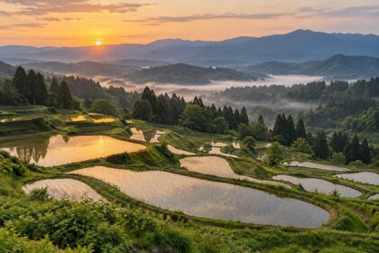 AI-generated illustration of water-filled rice terraces at sunrise, inspired by Tokamachi in Niigata, Japan.