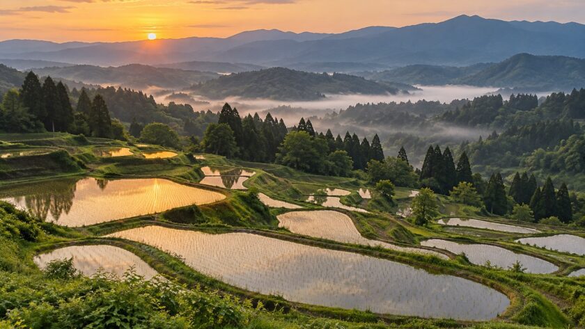 AI-generated illustration of water-filled rice terraces at sunrise, inspired by Tokamachi in Niigata, Japan.
