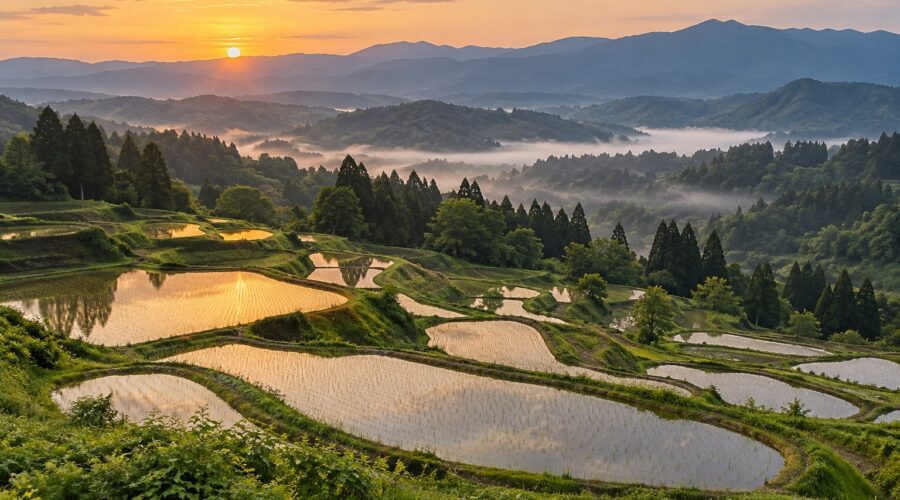 AI-generated illustration of water-filled rice terraces at sunrise, inspired by Tokamachi in Niigata, Japan.