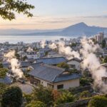 AI-generated illustration of geothermal steam rising above tiled rooftops toward a distant bay, inspired by Kannawa in Beppu, Oita.