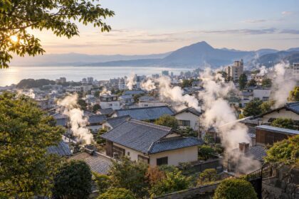 AI-generated illustration of geothermal steam rising above tiled rooftops toward a distant bay, inspired by Kannawa in Beppu, Oita.