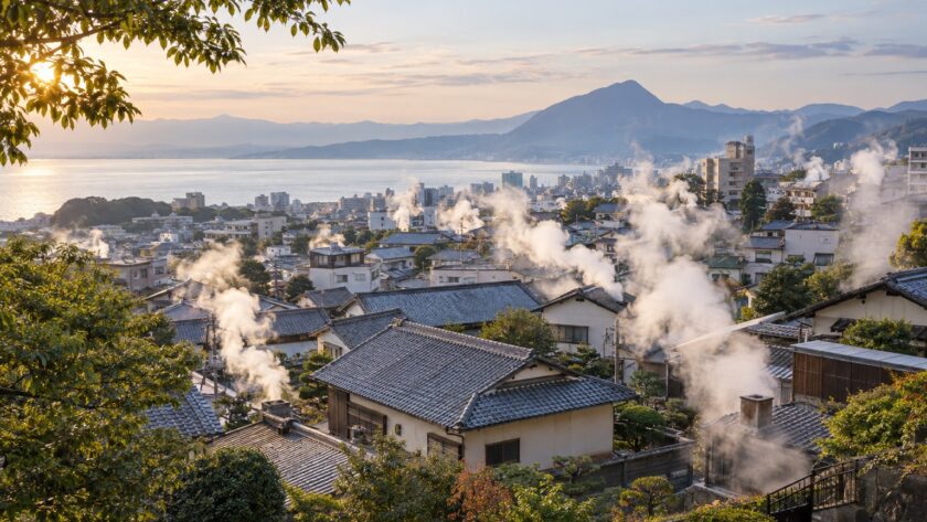 AI-generated illustration of geothermal steam rising above tiled rooftops toward a distant bay, inspired by Kannawa in Beppu, Oita.