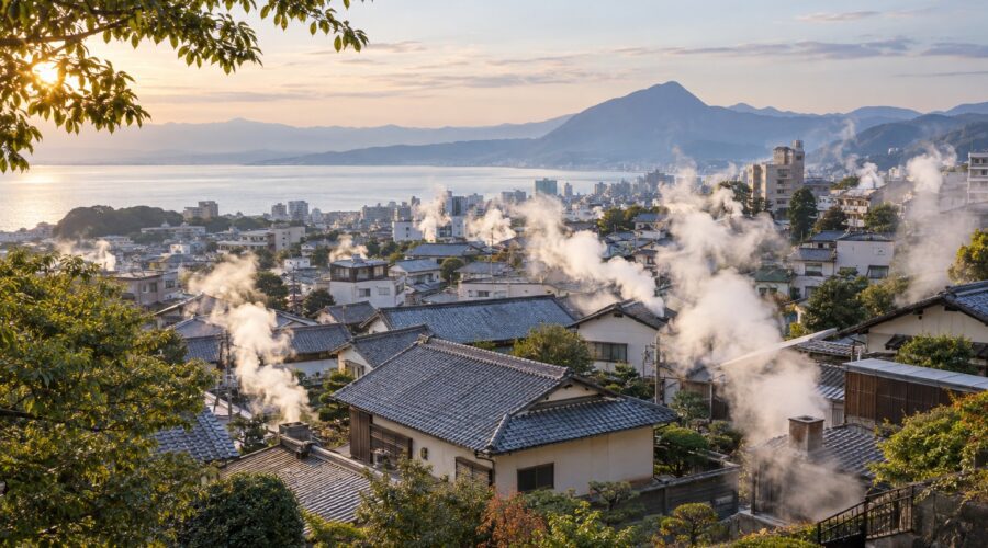 AI-generated illustration of geothermal steam rising above tiled rooftops toward a distant bay, inspired by Kannawa in Beppu, Oita.