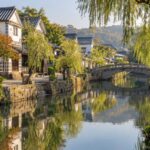 AI-generated illustration of white-walled storehouses, willow trees and a quiet canal, inspired by Kurashiki in Okayama.