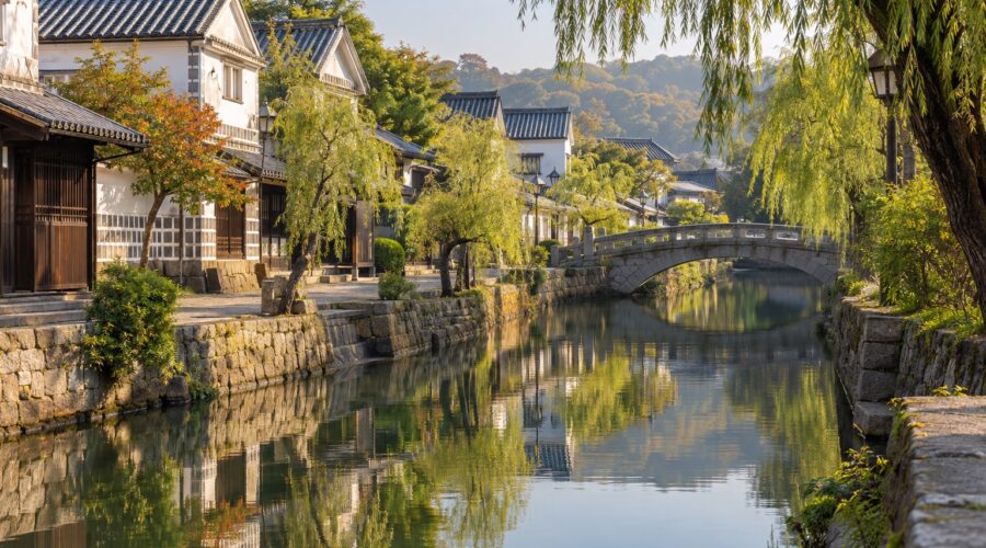 AI-generated illustration of white-walled storehouses, willow trees and a quiet canal, inspired by Kurashiki in Okayama.