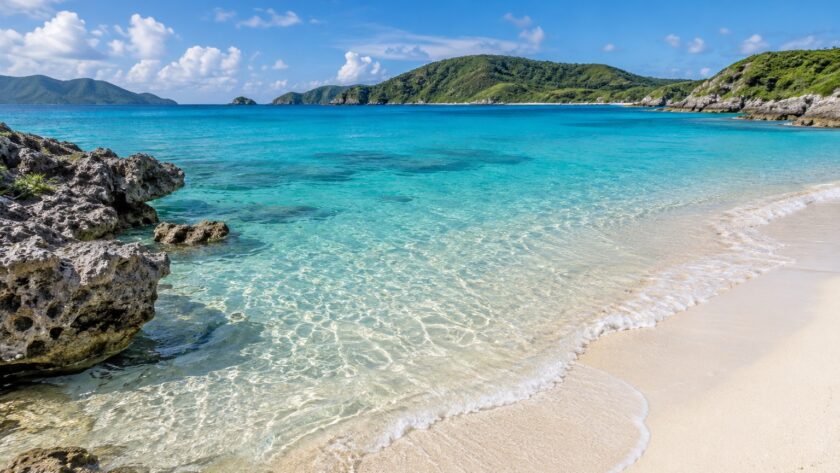 AI-generated coastal illustration inspired by Okinawa, with turquoise water, a white sand beach, and green island hills