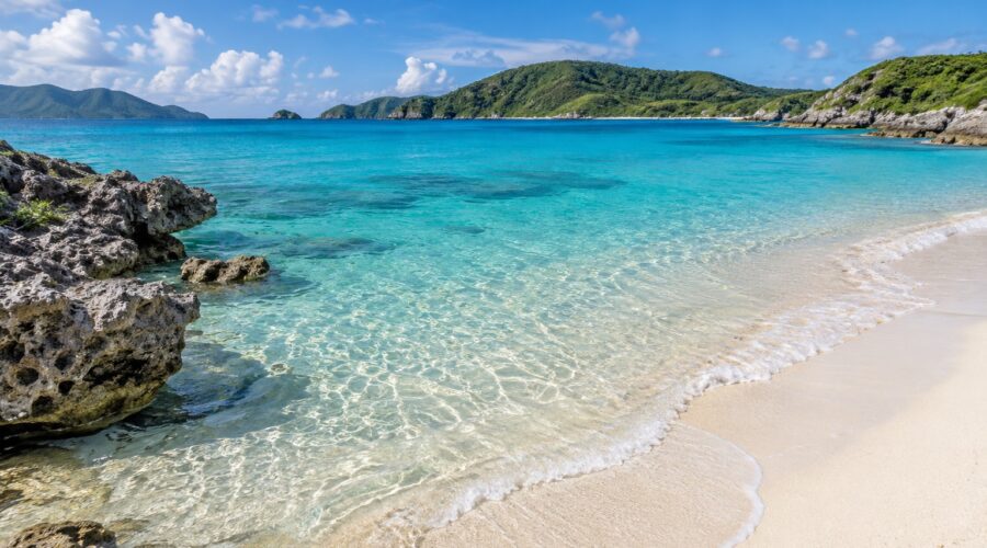 AI-generated coastal illustration inspired by Okinawa, with turquoise water, a white sand beach, and green island hills