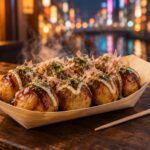 AI-generated illustration of takoyaki topped with sauce, mayonnaise, bonito flakes and seaweed against softly blurred Osaka-style evening lights.