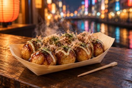 AI-generated illustration of takoyaki topped with sauce, mayonnaise, bonito flakes and seaweed against softly blurred Osaka-style evening lights.
