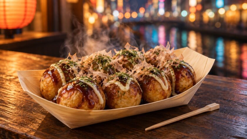 AI-generated illustration of takoyaki topped with sauce, mayonnaise, bonito flakes and seaweed against softly blurred Osaka-style evening lights.