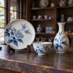 AI-generated illustration of blue-and-white porcelain on a wooden shop counter, inspired by Arita and Imari ceramic traditions in Saga.