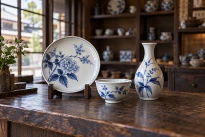 AI-generated illustration of blue-and-white porcelain on a wooden shop counter, inspired by Arita and Imari ceramic traditions in Saga.