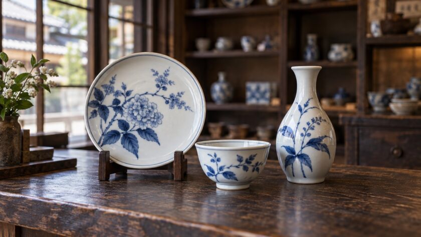 AI-generated illustration of blue-and-white porcelain on a wooden shop counter, inspired by Arita and Imari ceramic traditions in Saga.