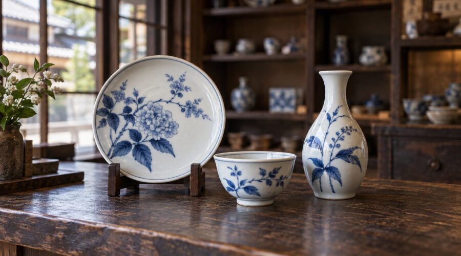 AI-generated illustration of blue-and-white porcelain on a wooden shop counter, inspired by Arita and Imari ceramic traditions in Saga.