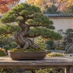 AI-generated illustration of a mature pine bonsai in a ceramic pot, inspired by Omiya’s bonsai culture in Saitama, Japan.