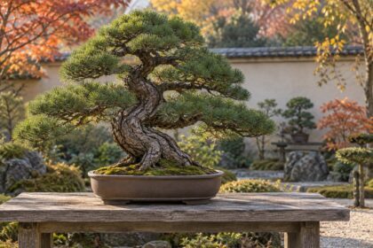 AI-generated illustration of a mature pine bonsai in a ceramic pot, inspired by Omiya’s bonsai culture in Saitama, Japan.
