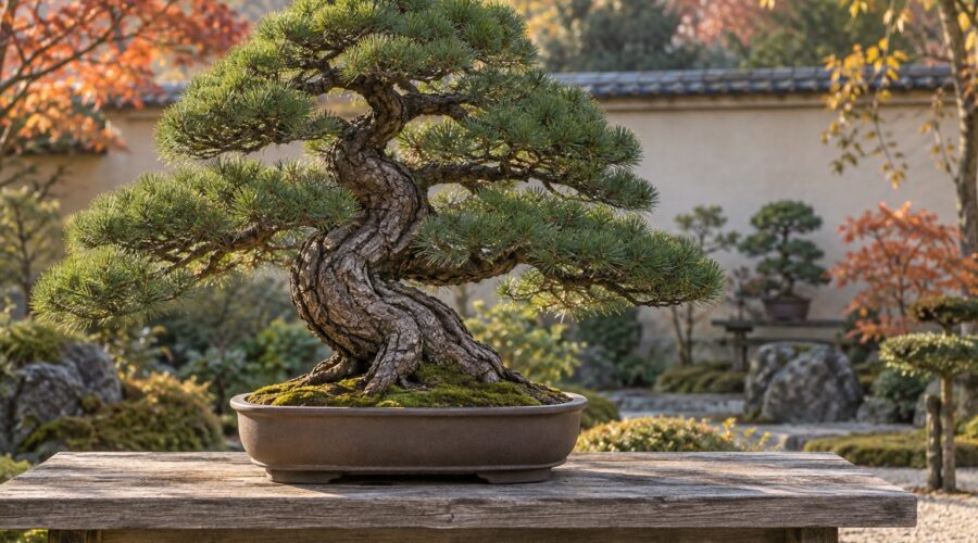 AI-generated illustration of a mature pine bonsai in a ceramic pot, inspired by Omiya’s bonsai culture in Saitama, Japan.
