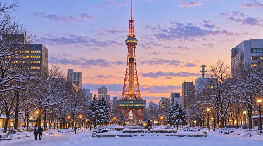 AI-generated illustration of snowy Odori Park and Sapporo TV Tower at dusk, with warm lights beneath a pastel winter sky.